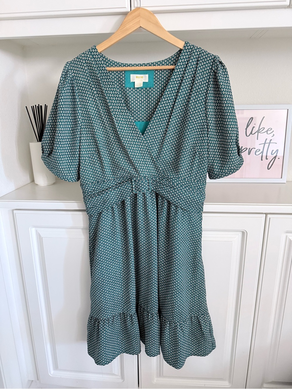 Anthropologie Teal Printed V-Neck Midi Dress